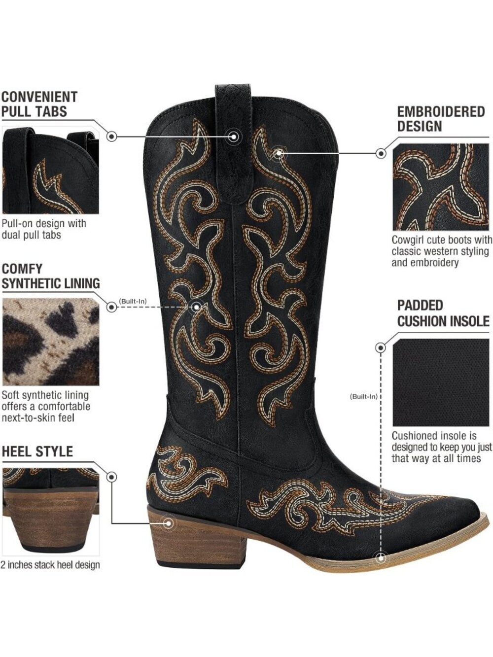 Women's Western Cowgirl Boots Black Chunky Heel Ladies Snip Toe Mid-Calf Boots - Picture 5 of 6